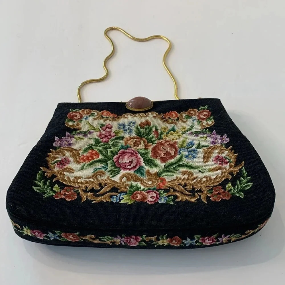 Vintage Floral Petit Point Rose Quartz Gold Filigree Embroidered Black Handbag - Picture 3 of 16
